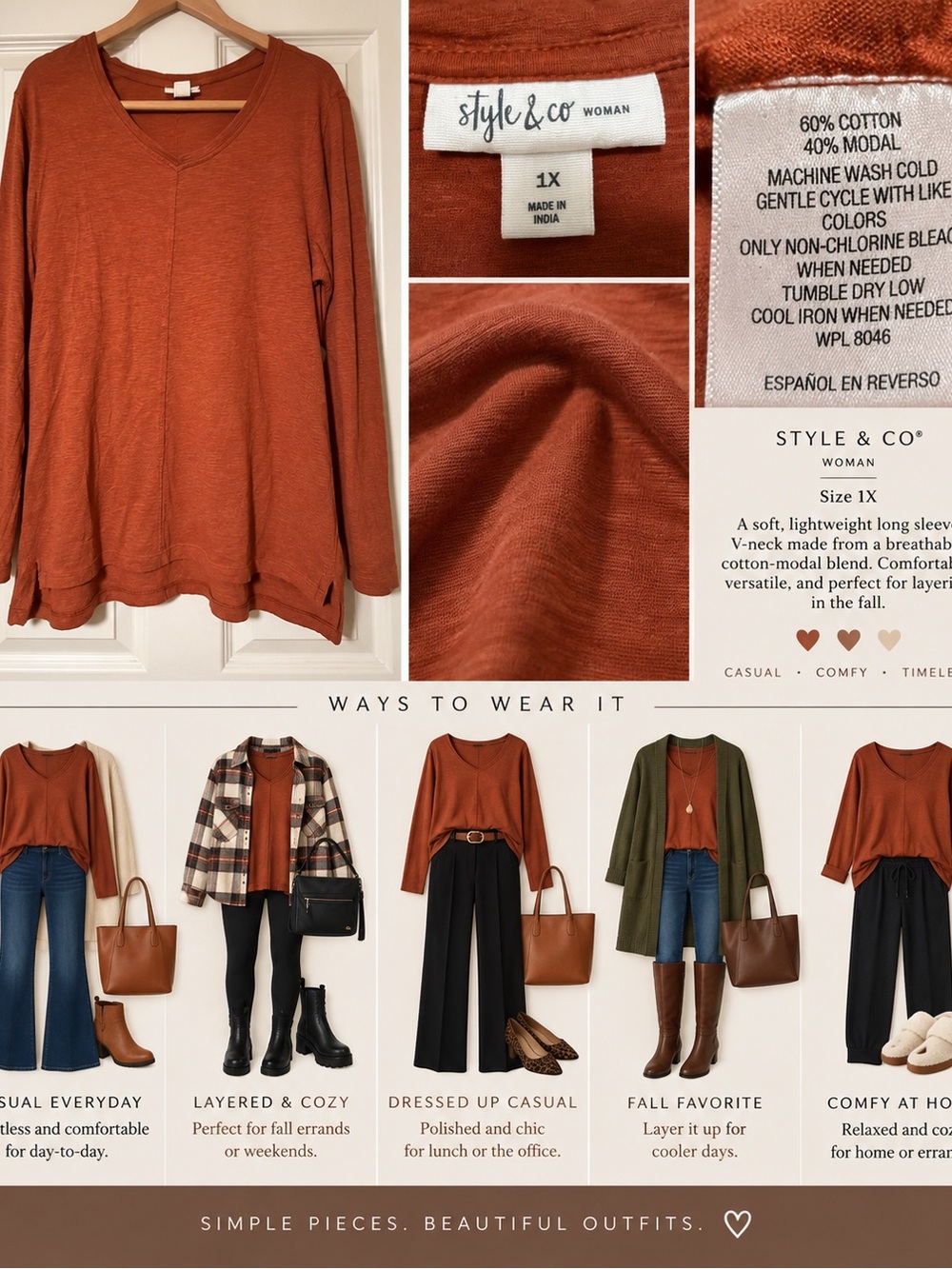 Style & Co. Women’s V-Neck Long Sleeve Sweater - Rust Orange